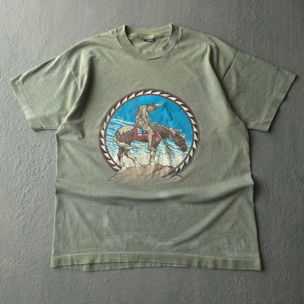 Vintage 90s Green T-shirt Large End of the Trail Native American Graphic USA